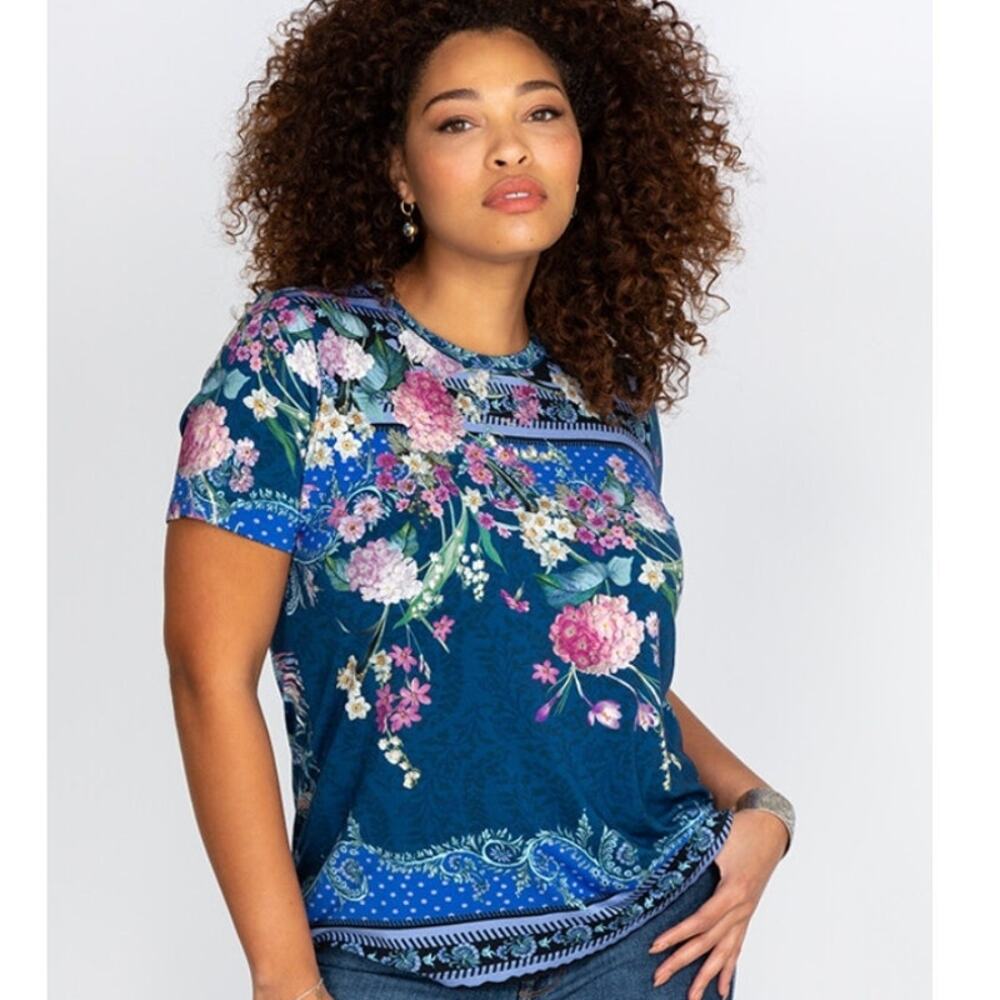 Johnny Was Revive Special Tee Womens Medium Blue Floral Exotic Bird Colorful